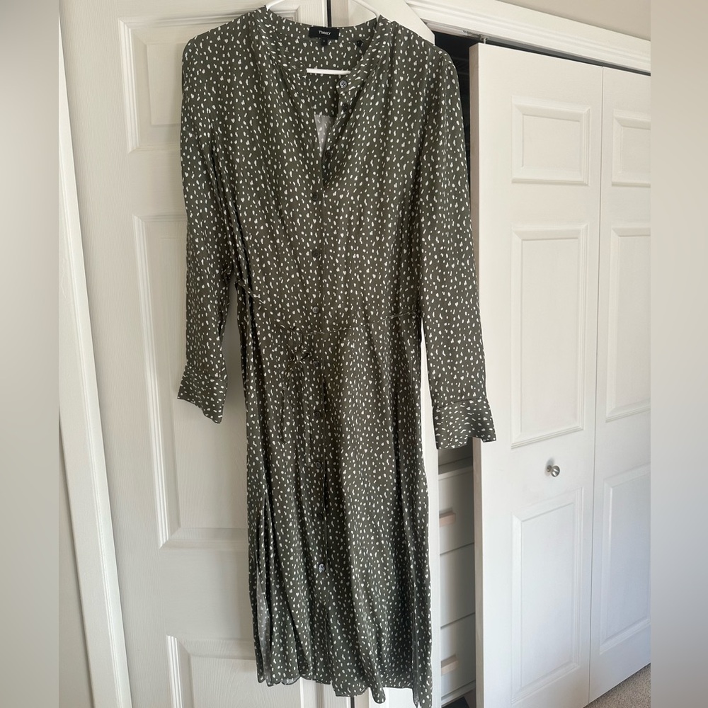 Theory Olive Long Sleeve Dress with White Dots